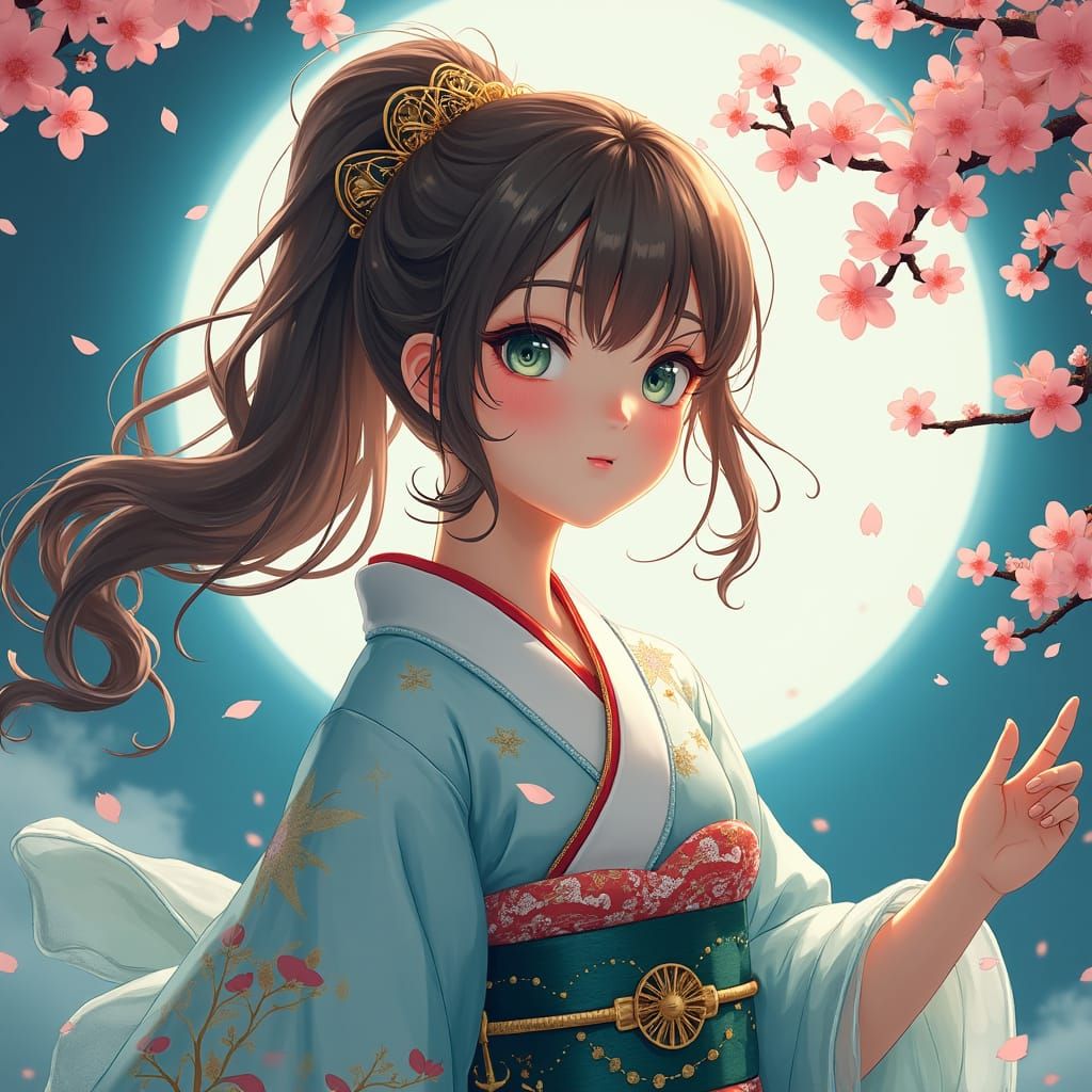 Anime Girl in Kimono: Vibrant Oil Painting