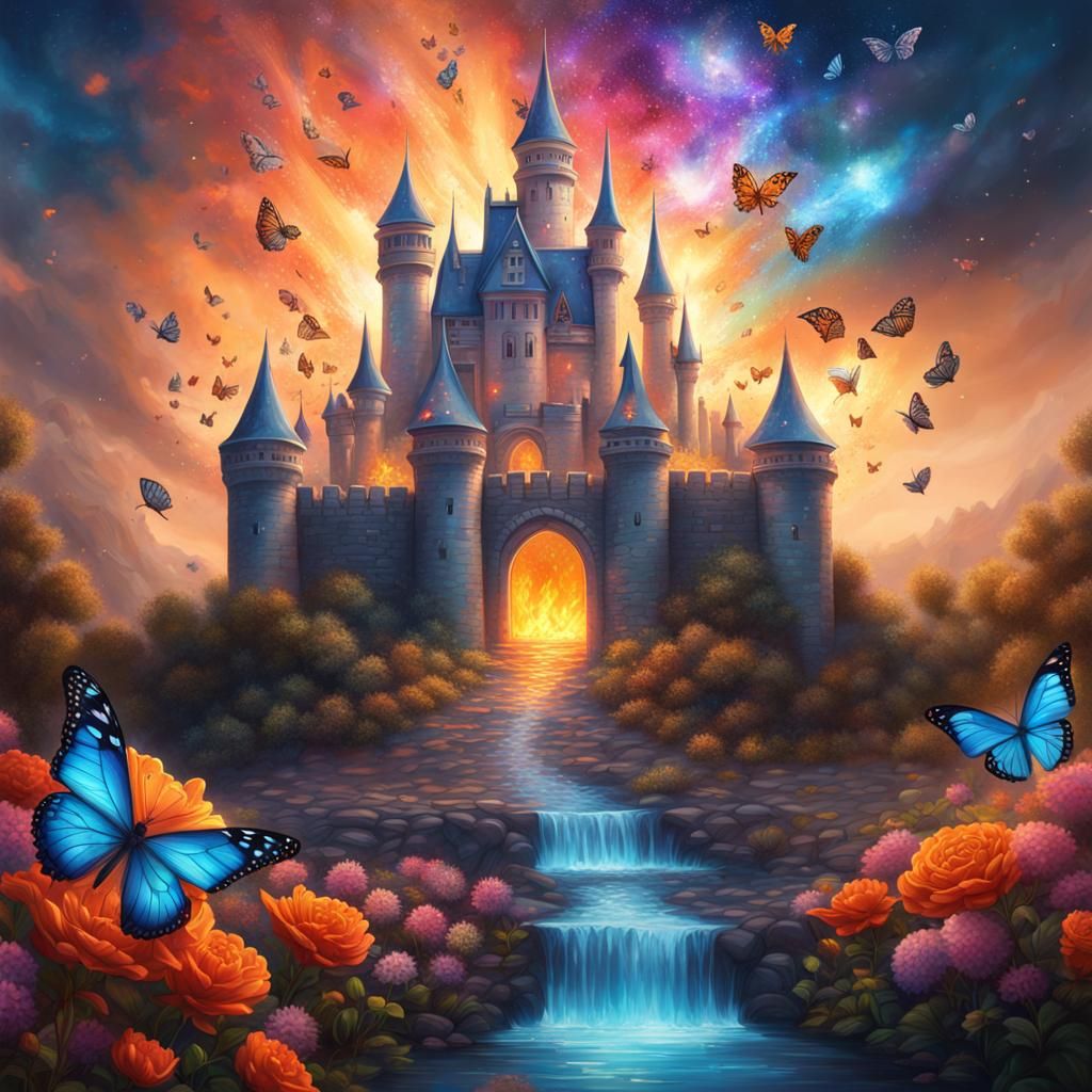Fiery Castle in Galaxy with Flowers and Butterflies