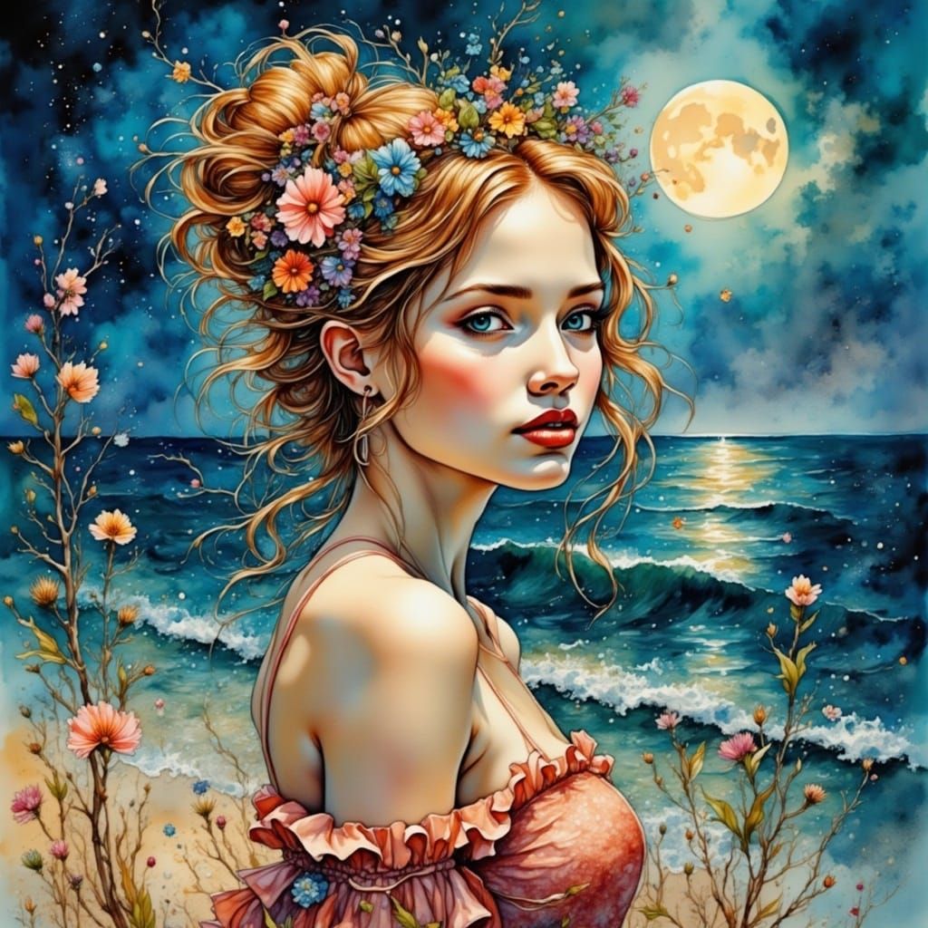 Red-Haired Woman on Beach in Neo-Impressionist Style