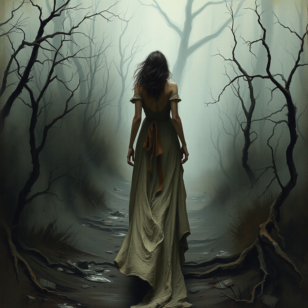 Eerie Woman on Misty Path in Rutkowski Style