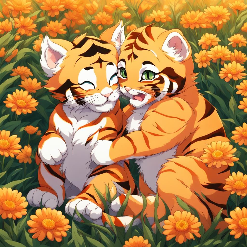 Kitten Grooms Tiger Cub in Anime Style