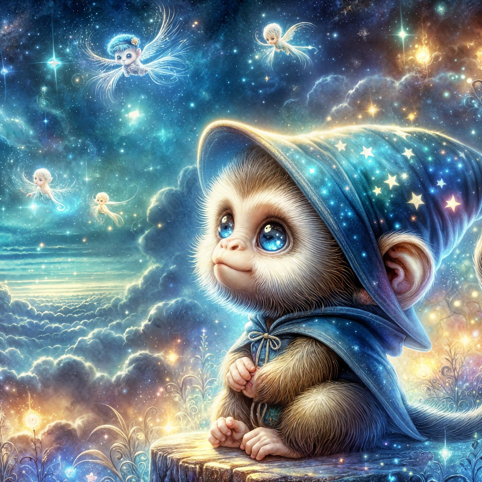 Baby Wizard Monkey Enjoys Fantasy Night Sky