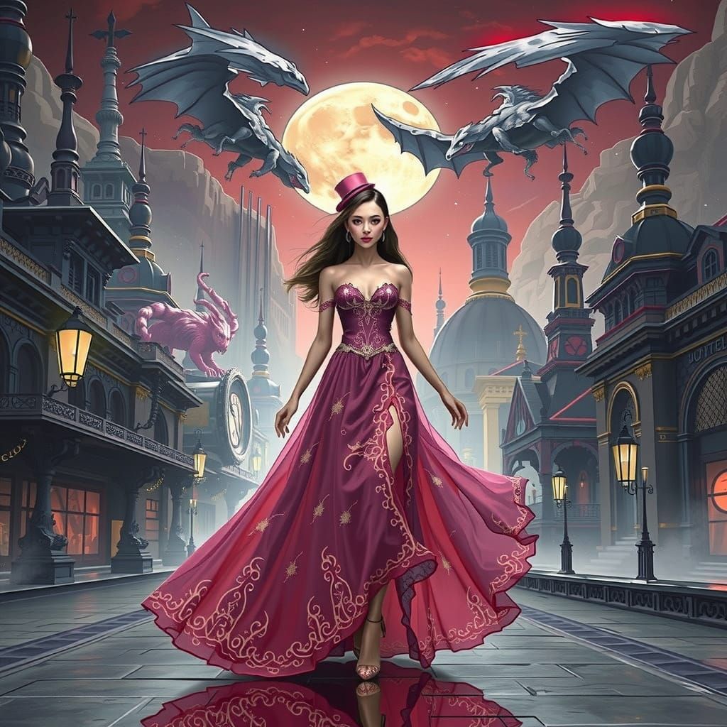 Fantastical Cityscape with Woman in Top Hat Illustration