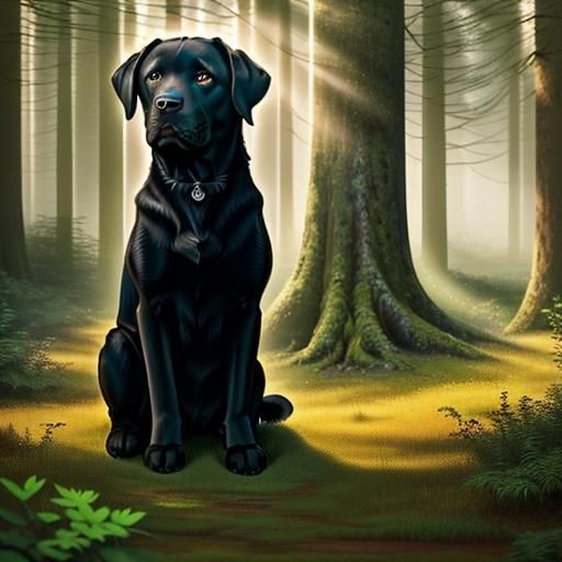 Majestic Black Labrador in Enchanting Forest: Hyperrealistic