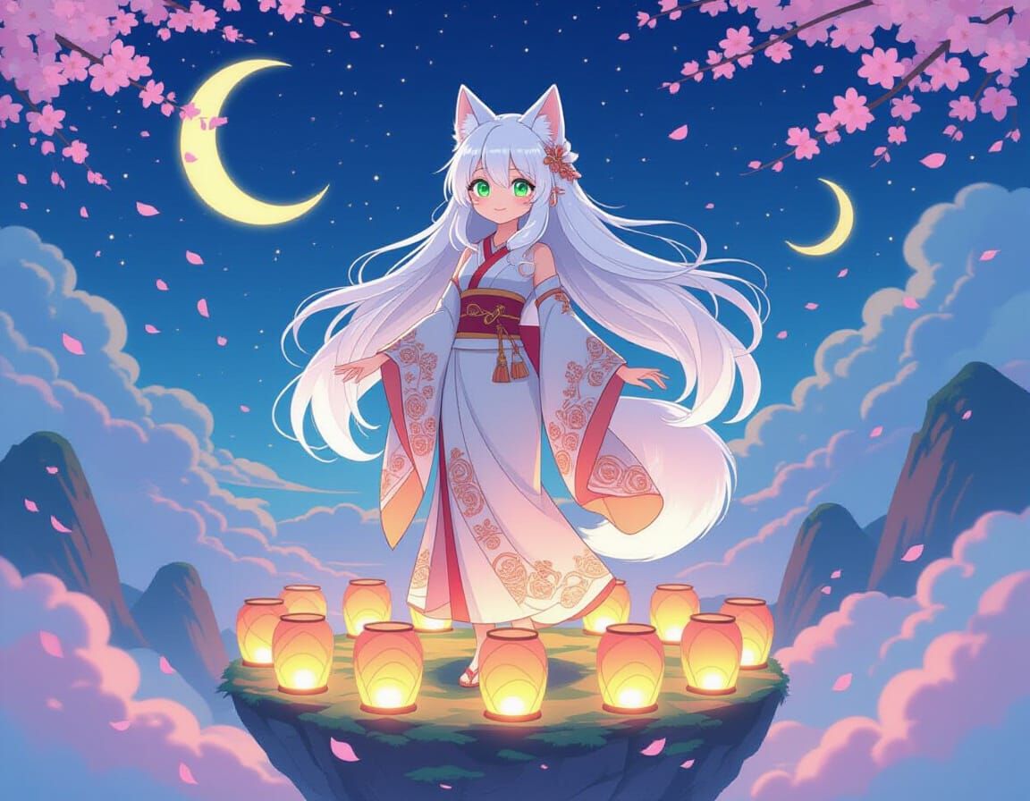 Anime Wolf Girl on Floating Lantern Island