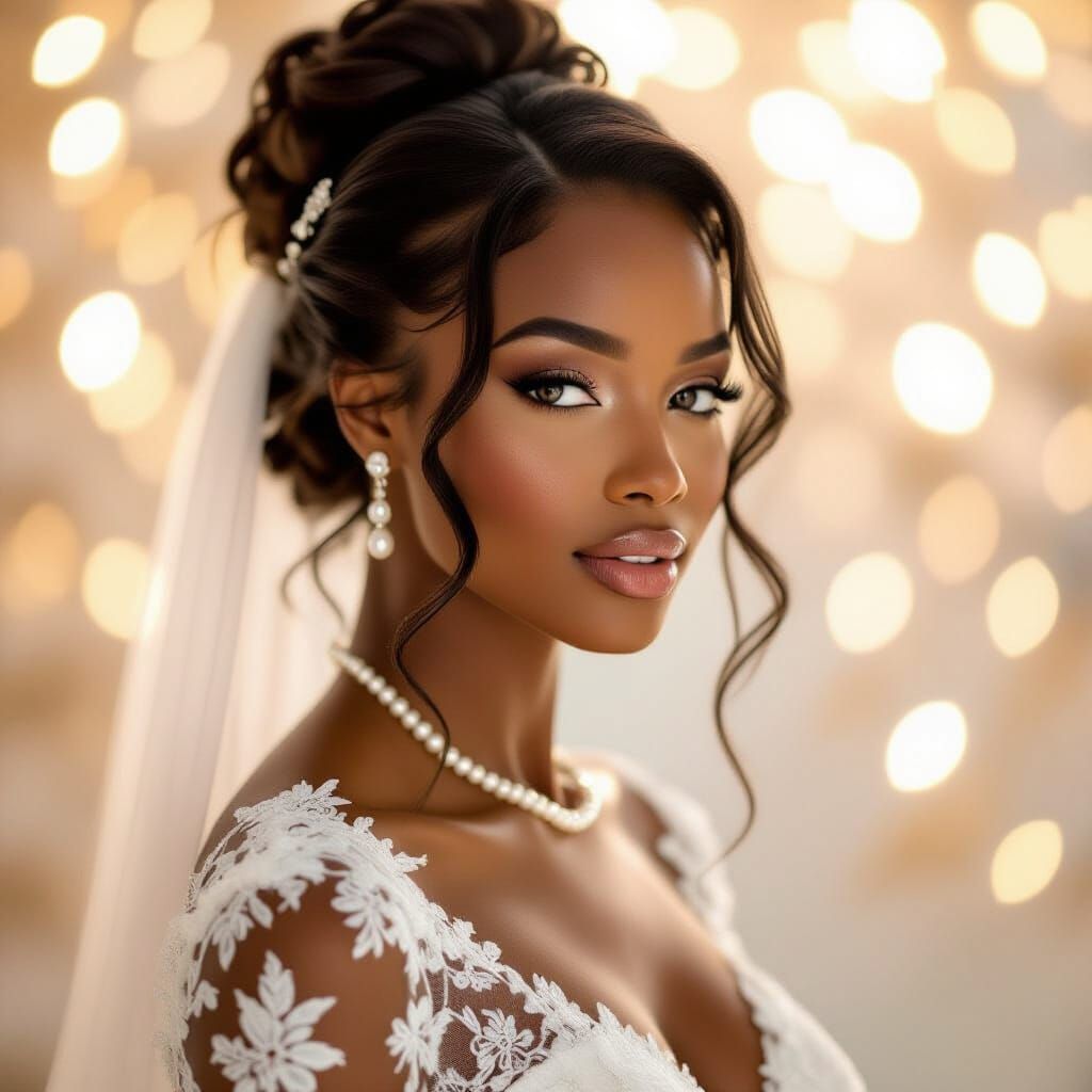 Elegant Bride in Lace Wedding Dress with Pearl Necklace
