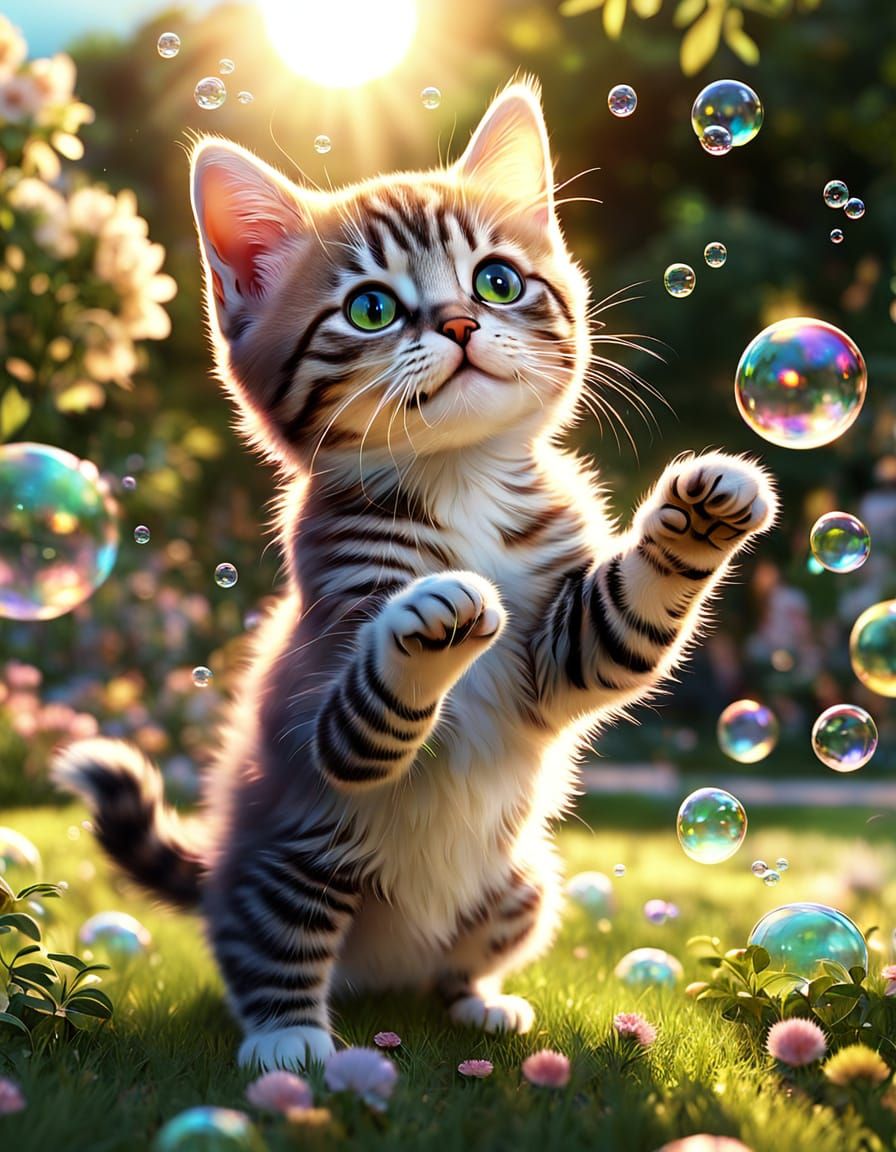 Kitten and Soap Bubbles in Whimsical 3D Digital Art