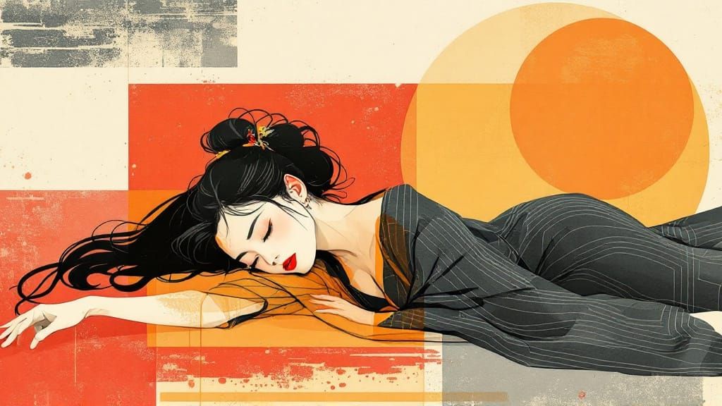 Zen Woman in Geometric Sumi-e Style