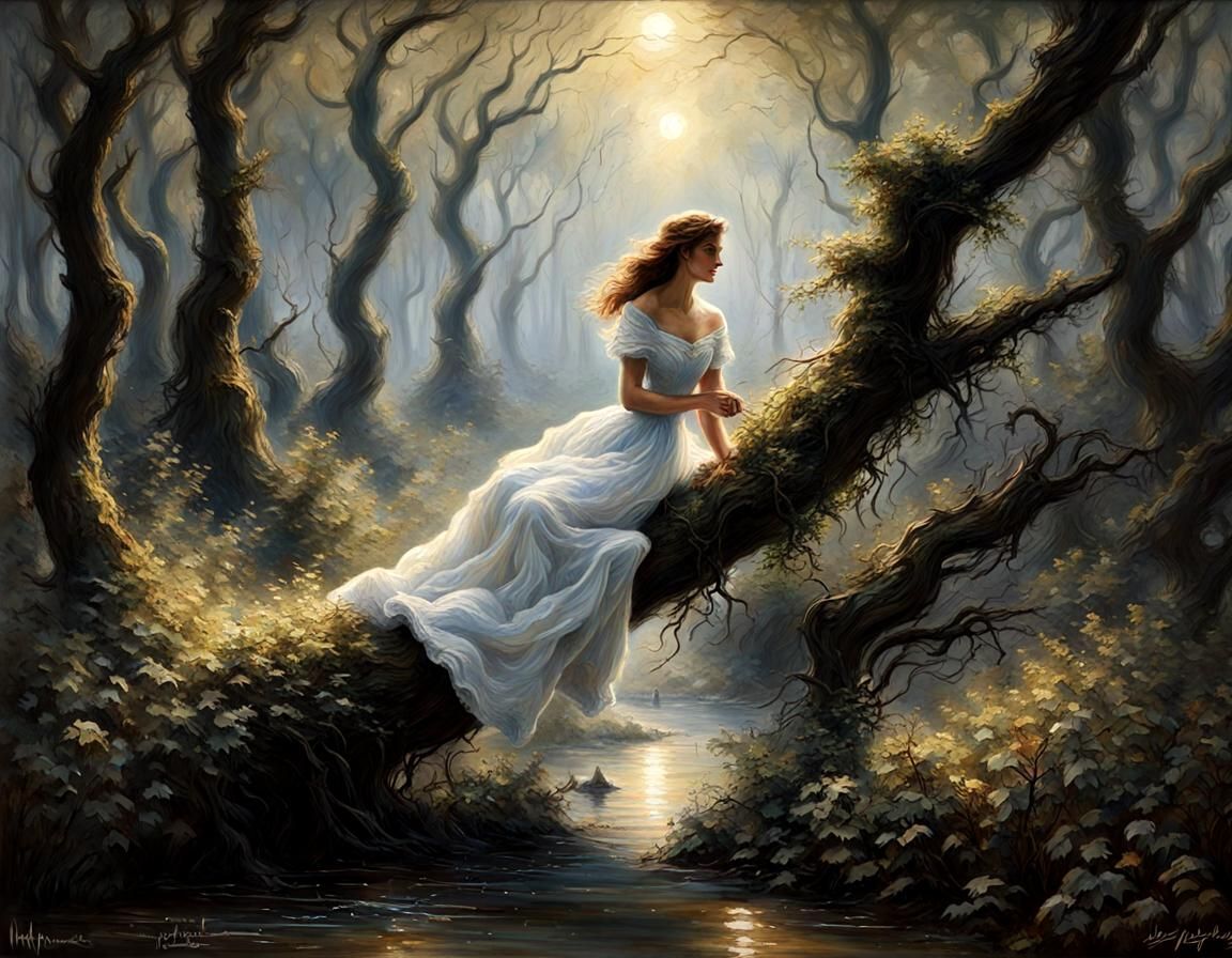 A Young Woman in a Dark Forest, in Vivid Impressionist Style