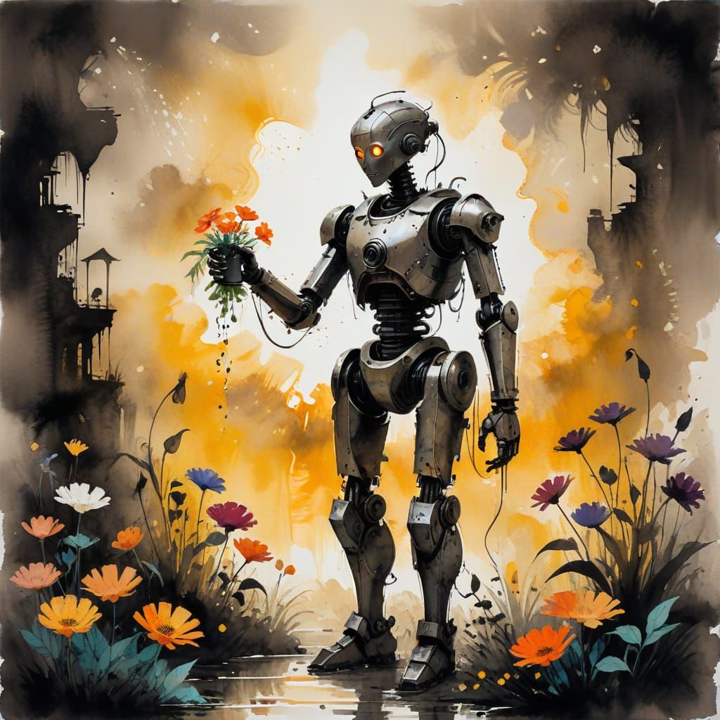 Sci-Fi Robot Gardener at Golden Hour
