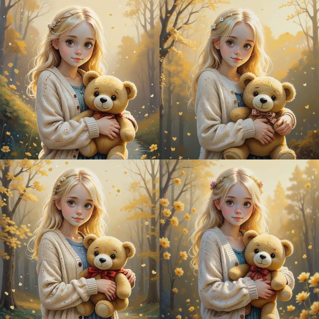 Enchanted Teen Girl with Golden Cardigan and Teddy Bear