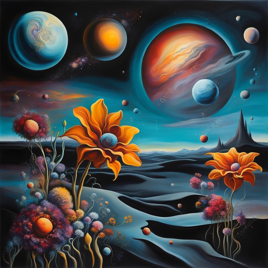 Surreal Flowers in Space: A Dreamy Dali-esque Scene