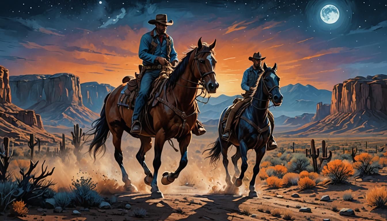 Man and Horse in Moonlit Western Landscape