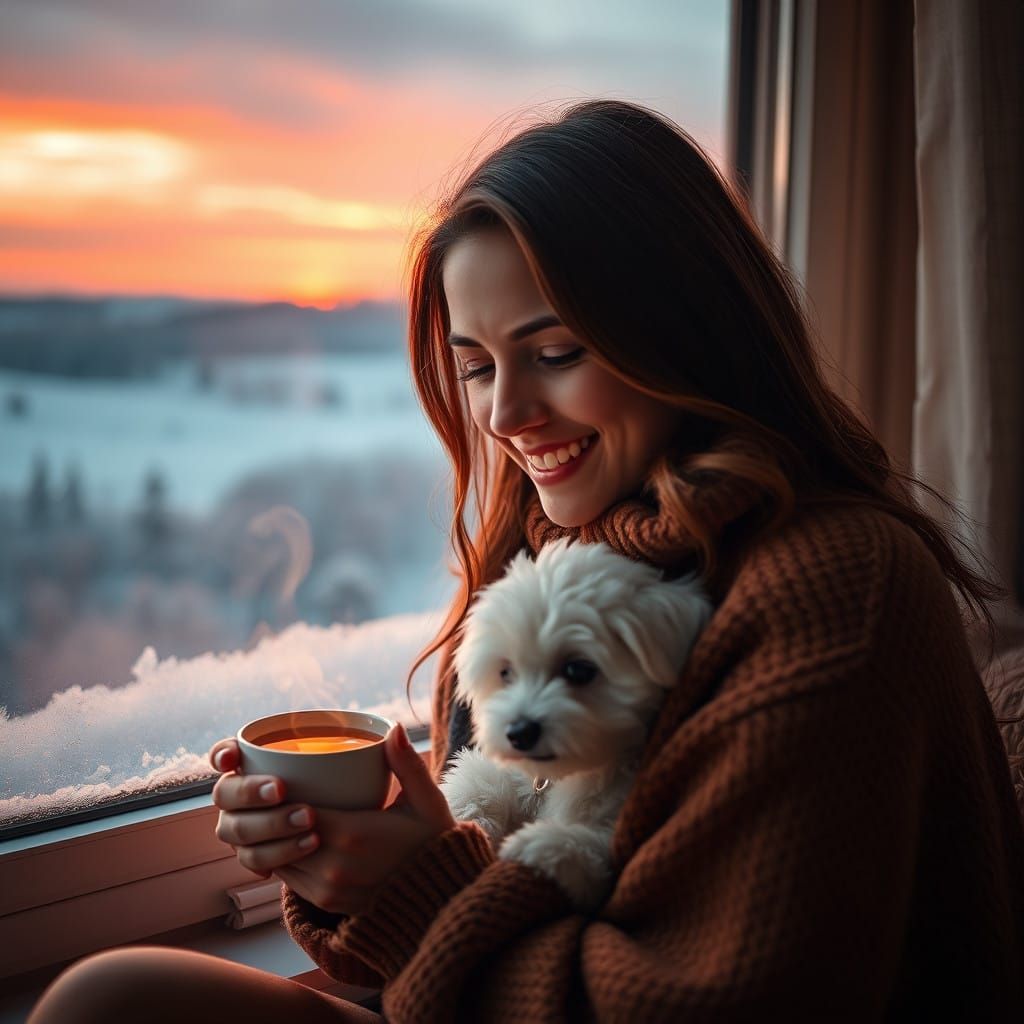 Warm Woman Sits with Dog, Cup of Tea, and Winter Sunset