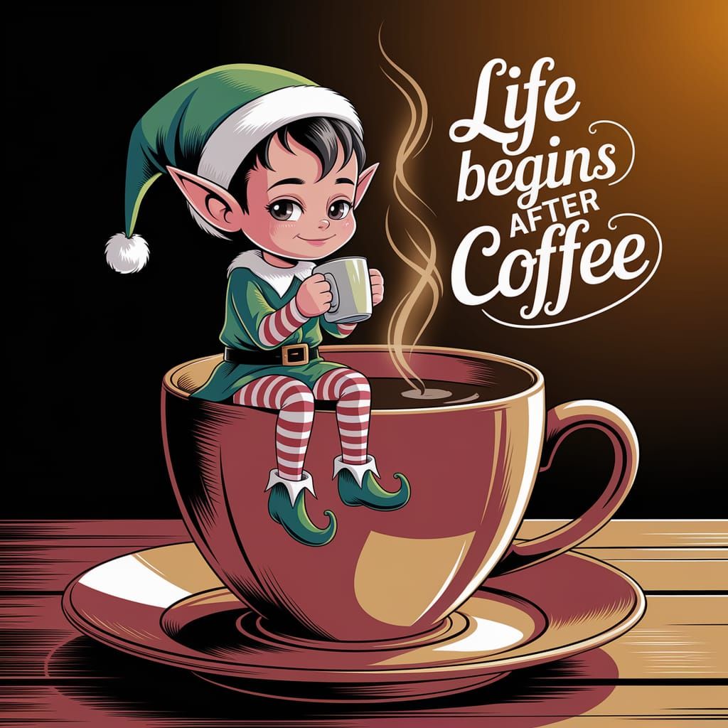 Elf Sipping Coffee on Coffee Cup in Anime Style