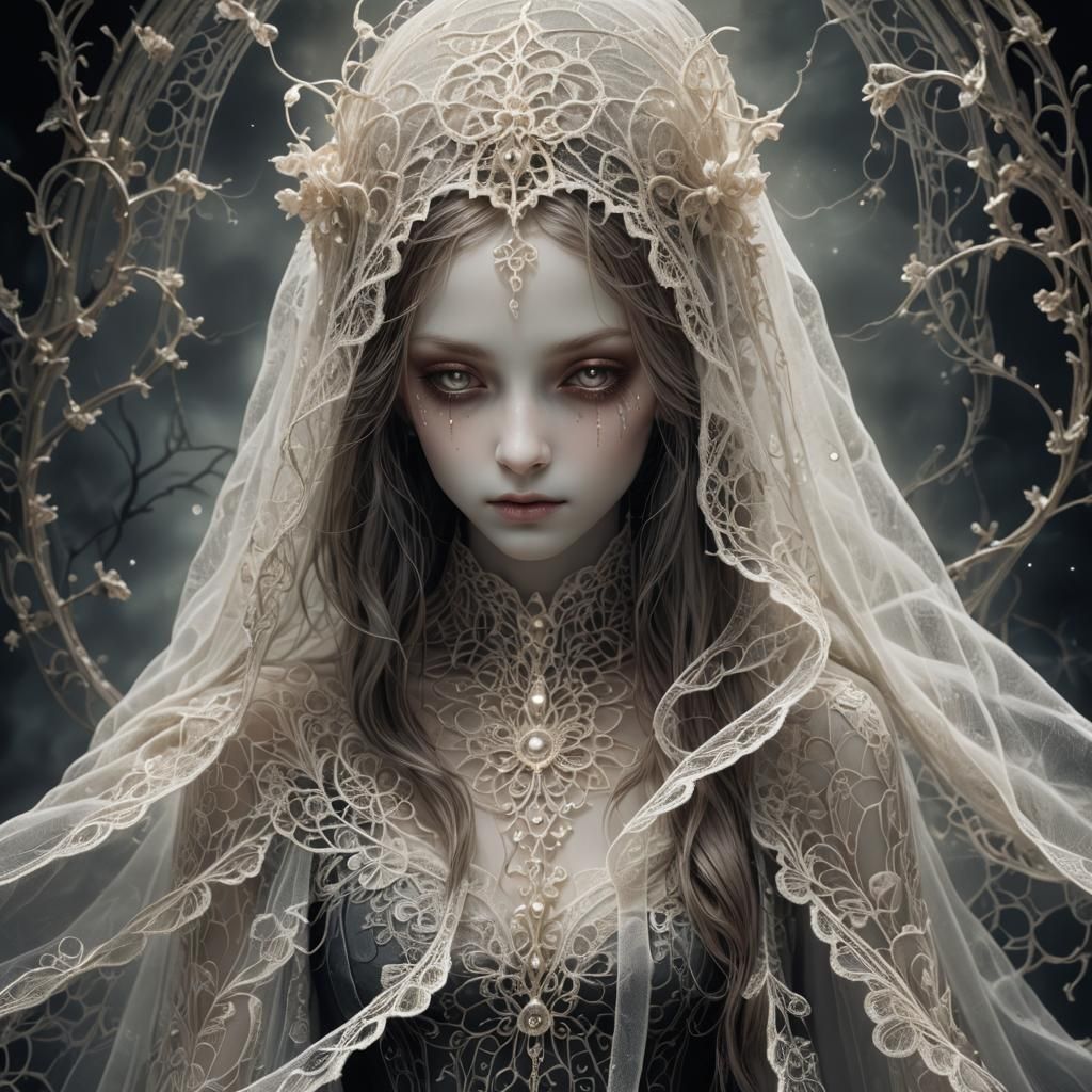 <lora:isolated:1.0> A delicate, lace-trimmed transparent veil surrounds an adorable, glowing creature, its ethereal body...
