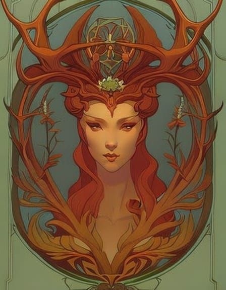 Faun Portrait with Antlers in Art Nouveau Style