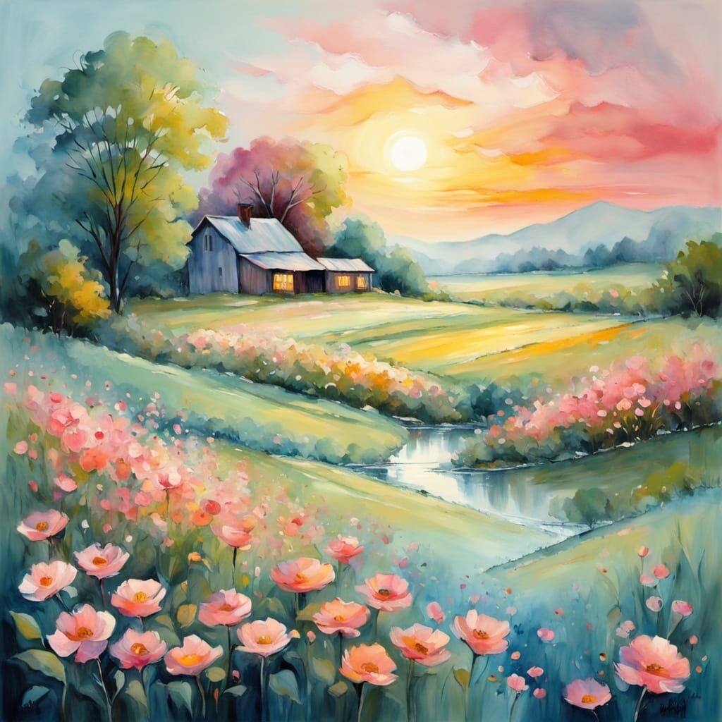 Idyllic Farm Scene in Vibrant Watercolor