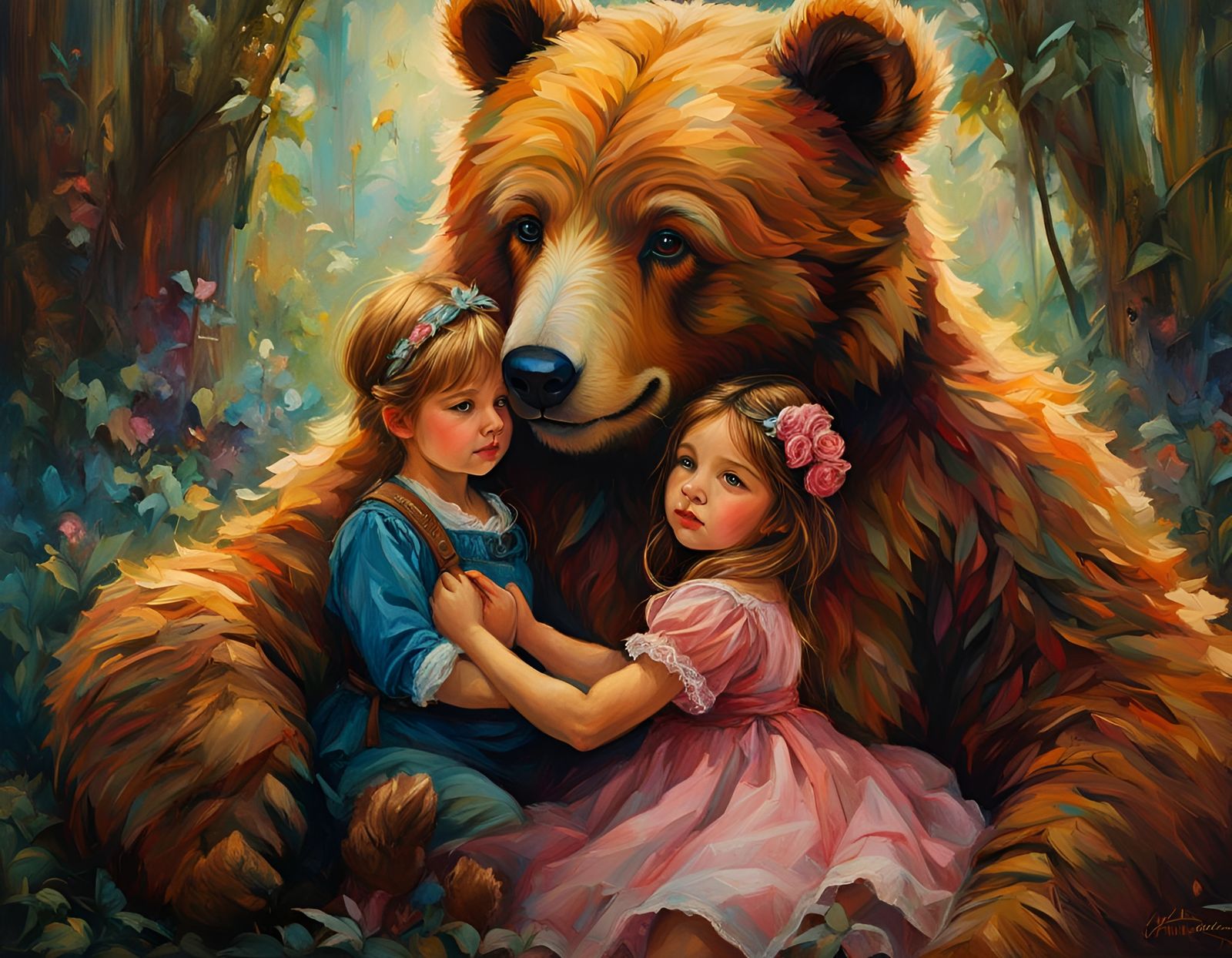 Girl and Teddy Bear: Warm Oil Painting
