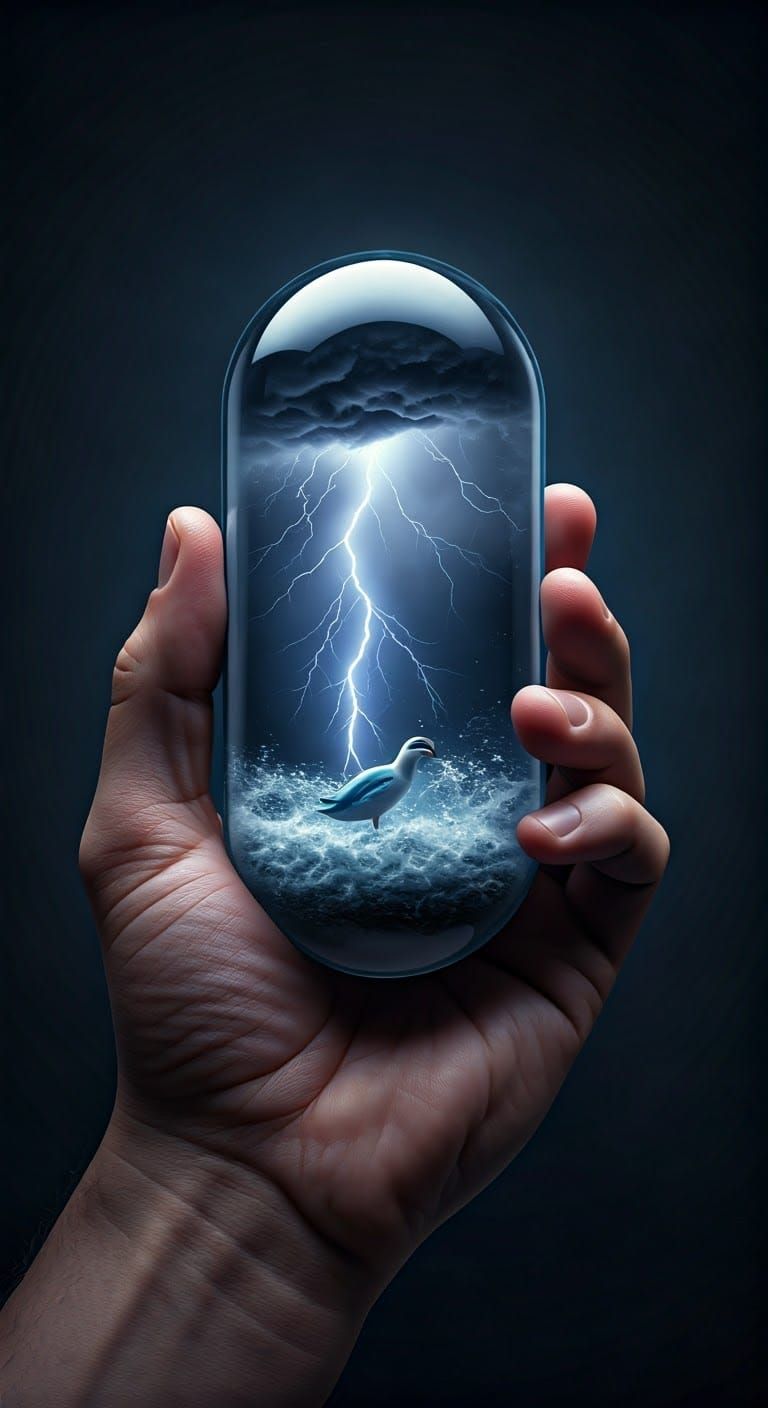 Miniature Storm Capsule with Duck, Hyperrealistic Art