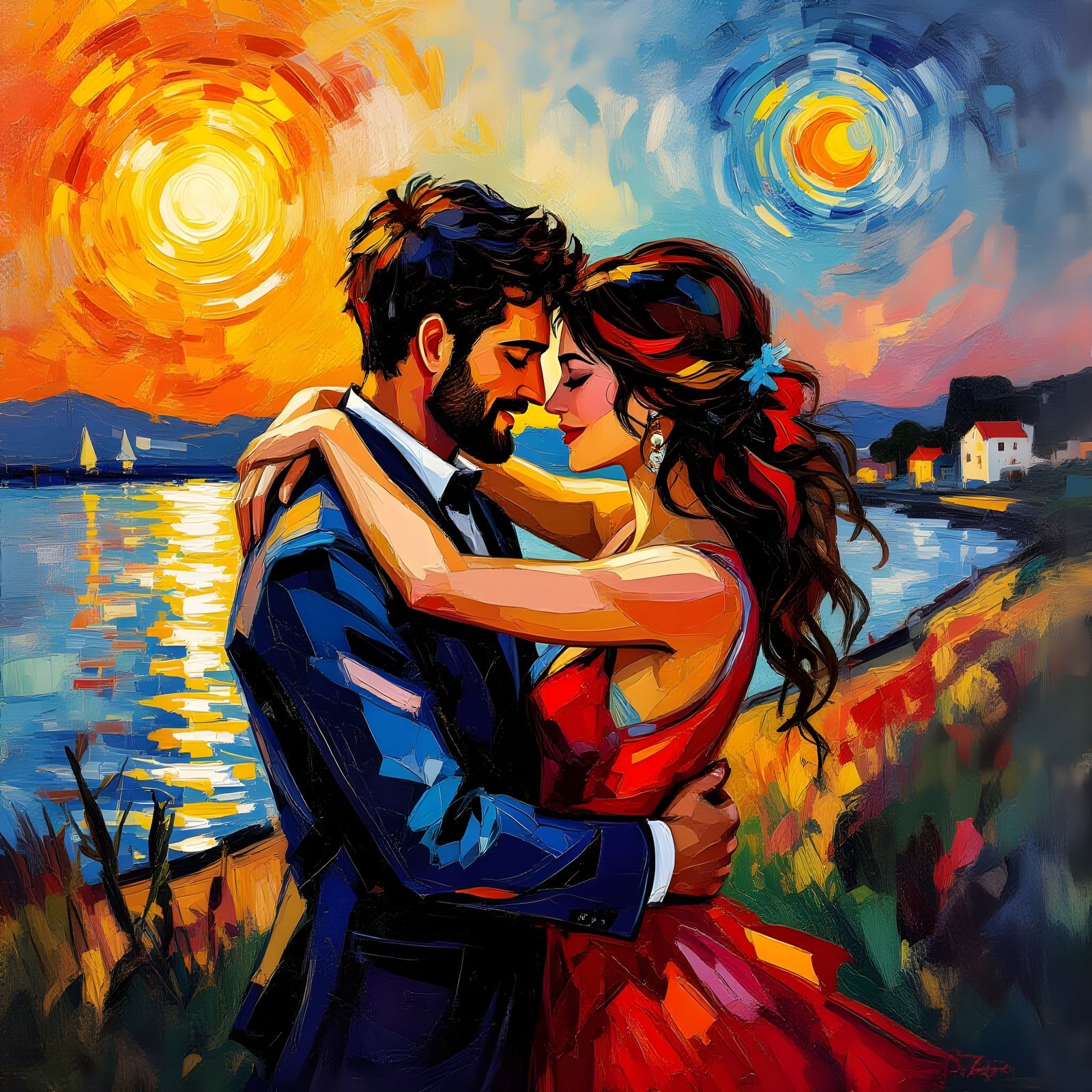 Joyful Embrace in Vibrant Impressionist Style
