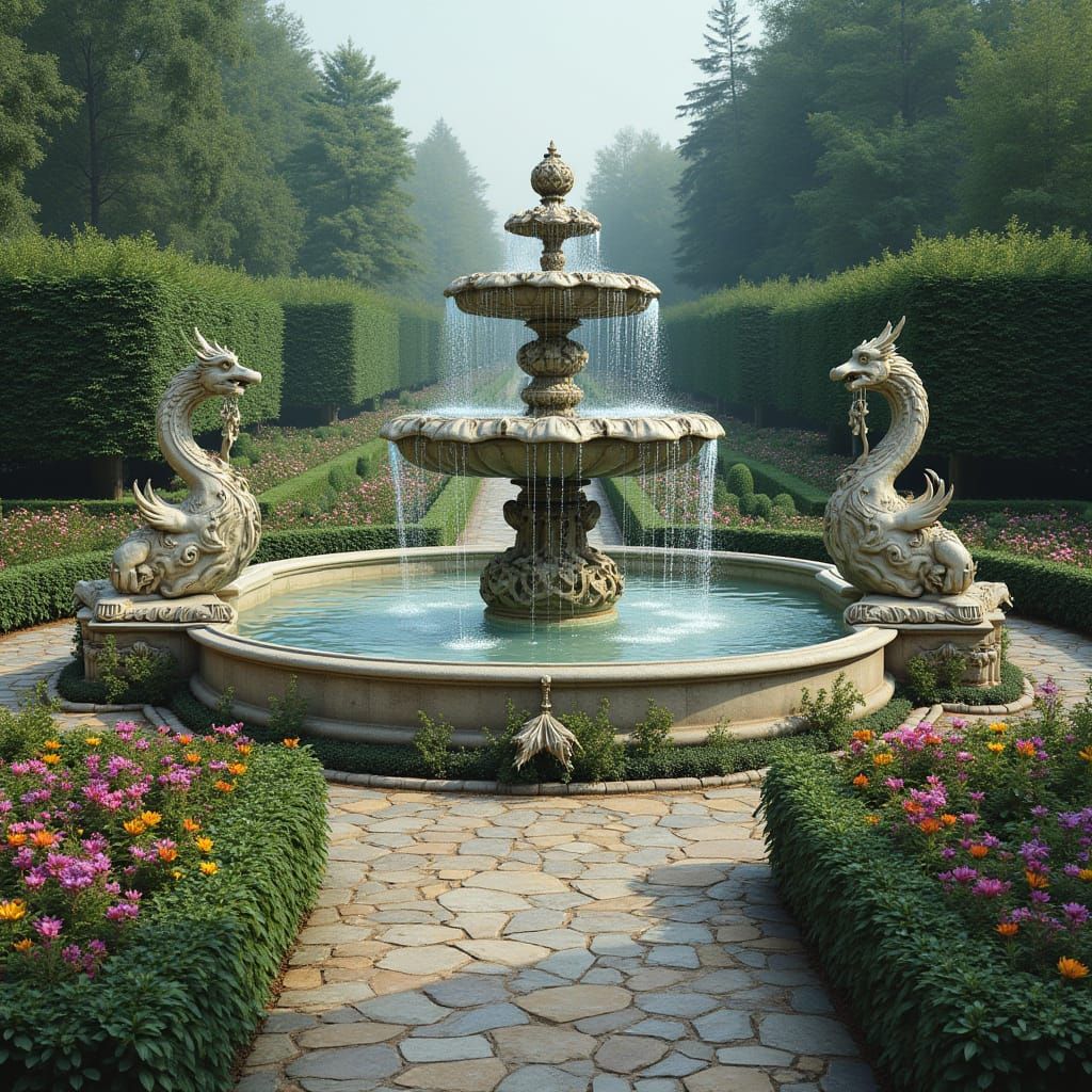 Grand Fountain in Lush Garden with Mythical Creatures