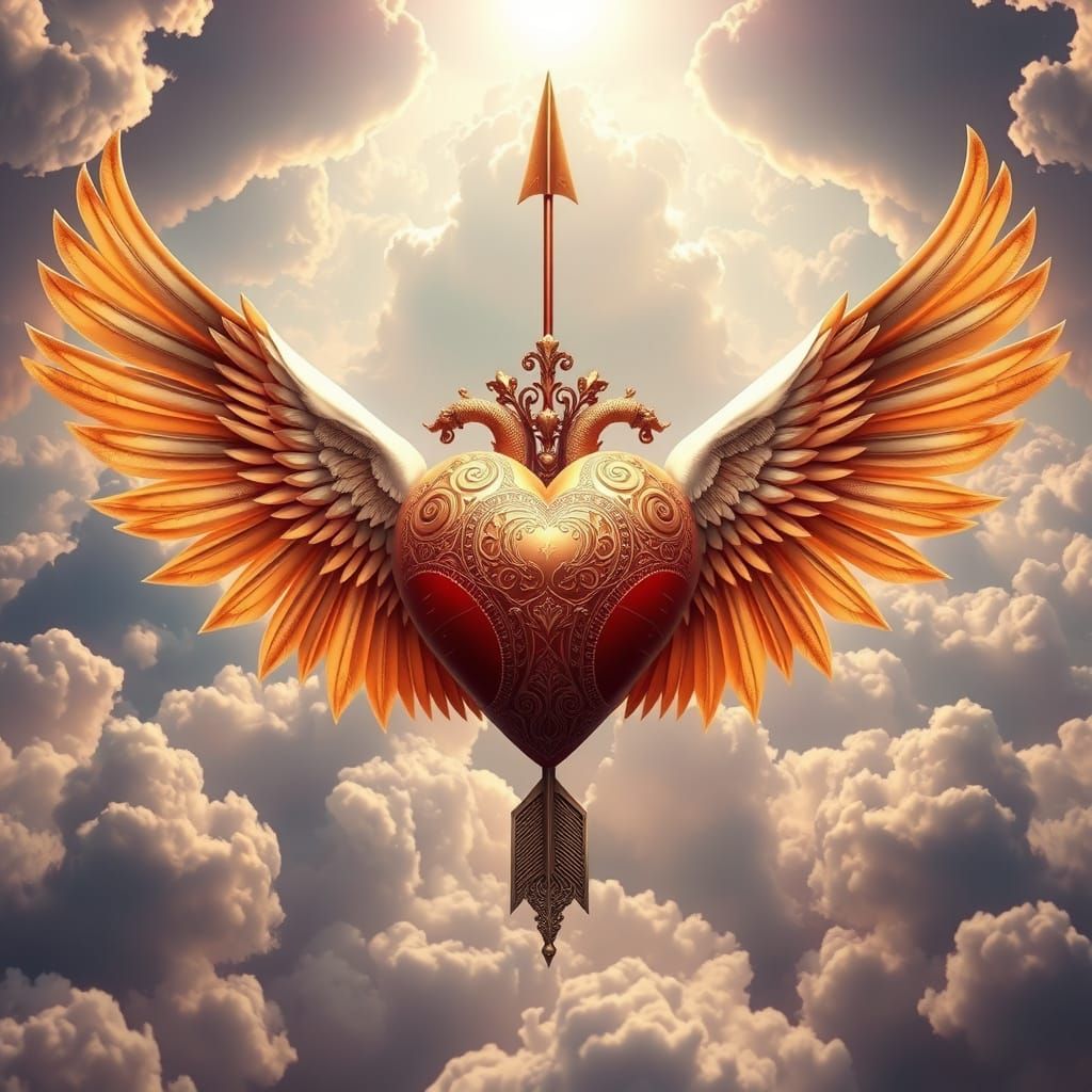 Majestic Heart with Wings and Arrow, Art Nouveau Style