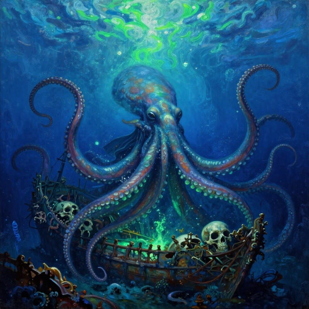 Mystical Kraken Rises From Bioluminescent Ocean Amidst Shipw...