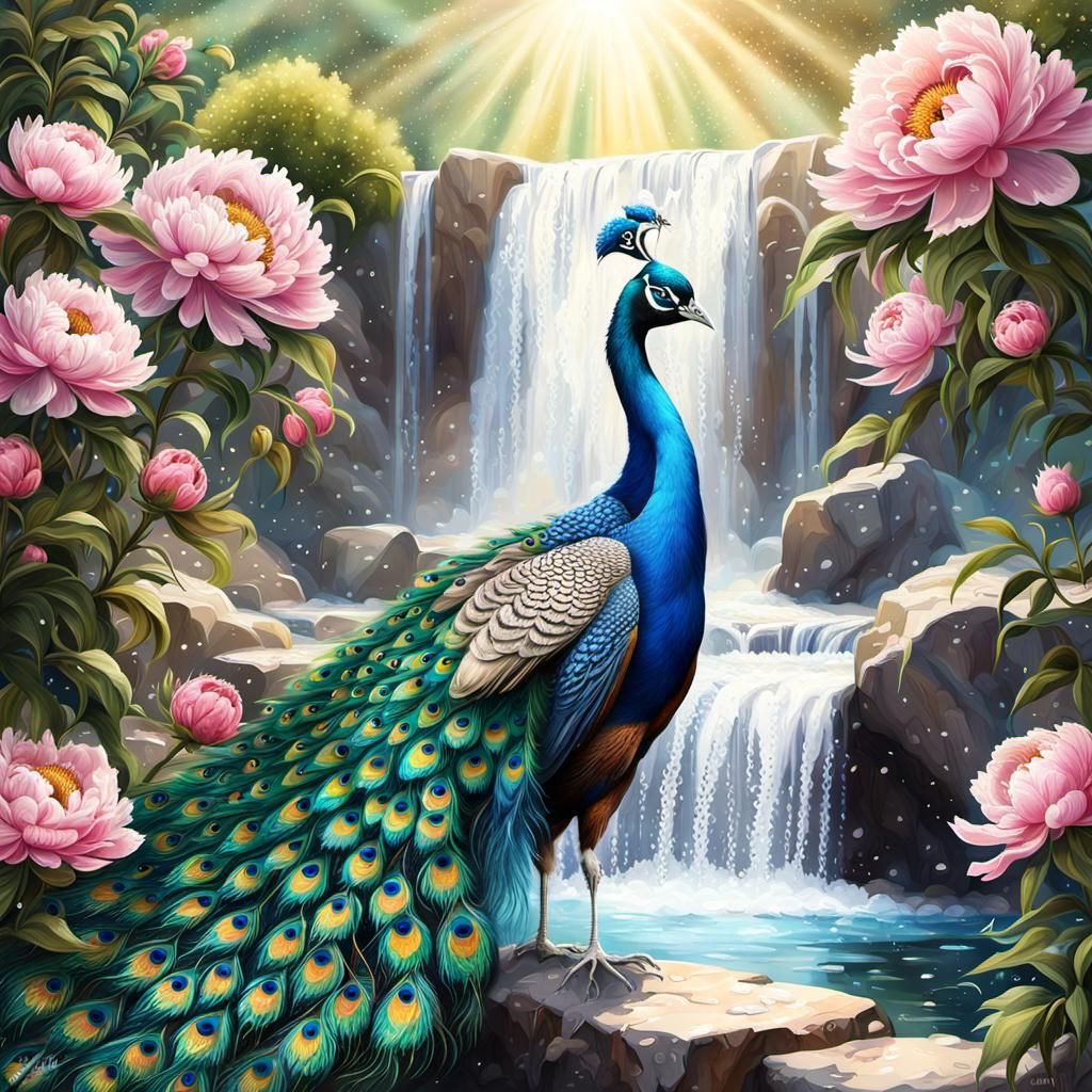 Majestic Peacock Displaying Feathers in Digital Painting
