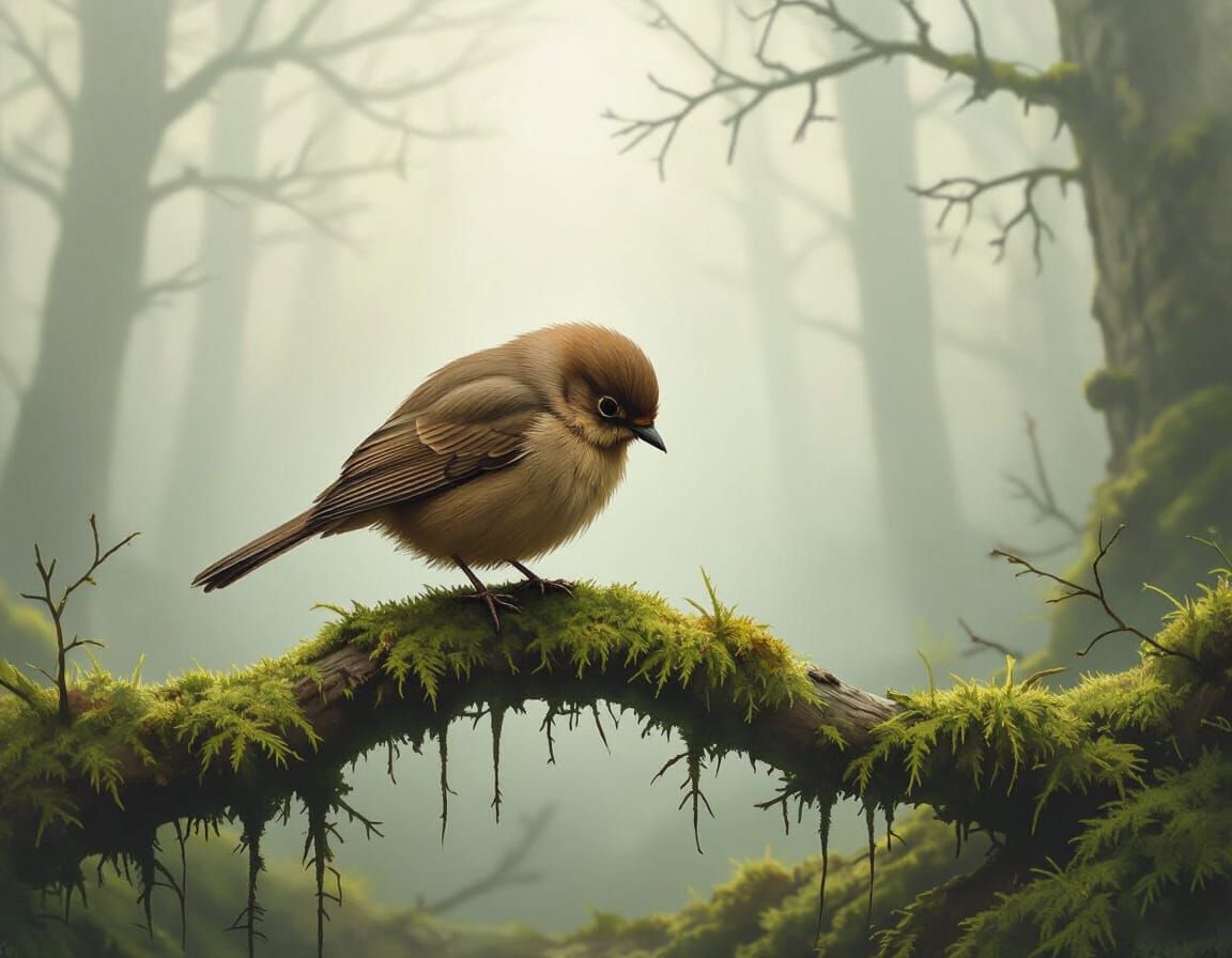 Melancholic Bird on Mossy Branch in Misty Forest