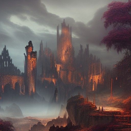 Dark Fantasy Castle Ruins in Detailed Matte Painting