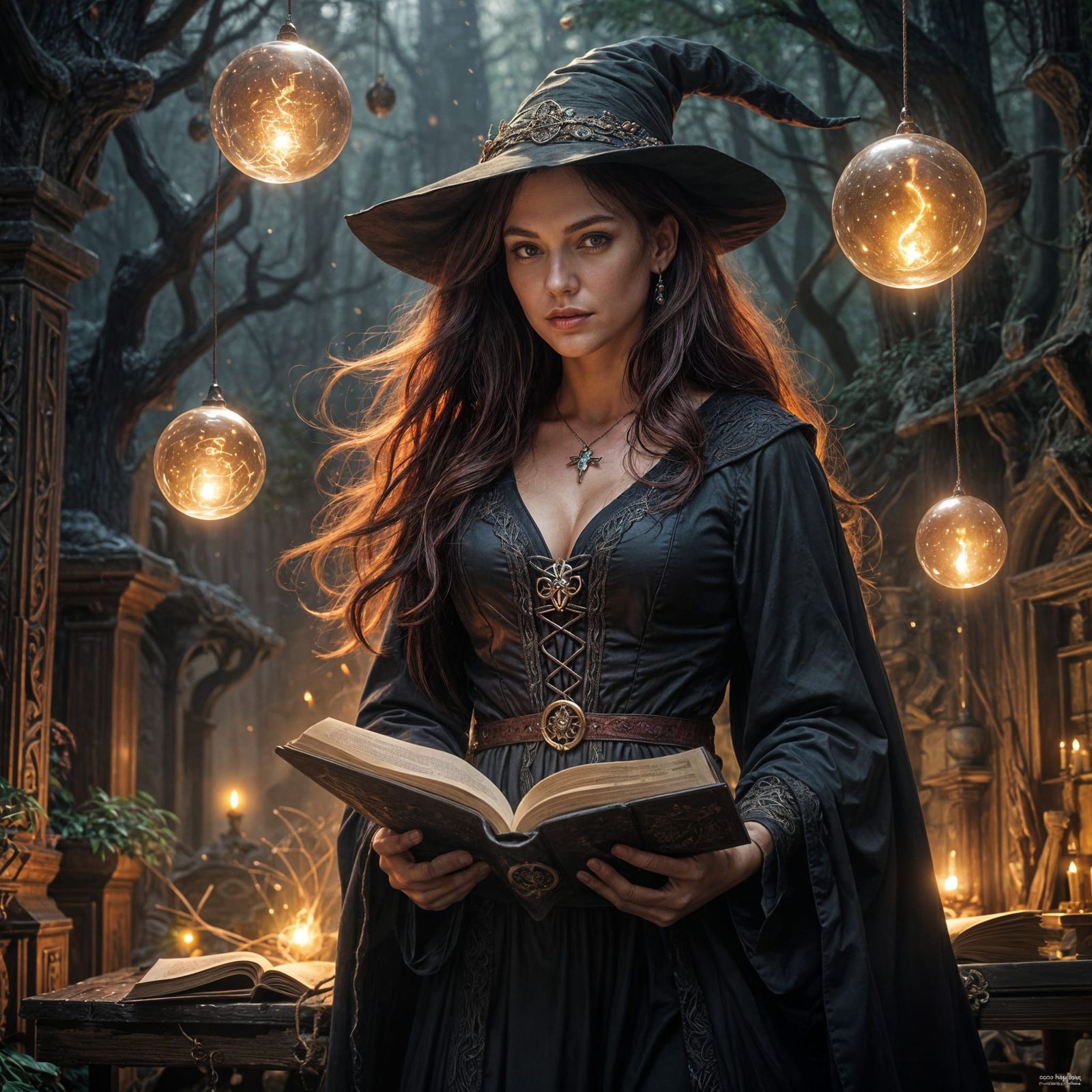 Enchanting Witch Illuminated by Magical Orbs