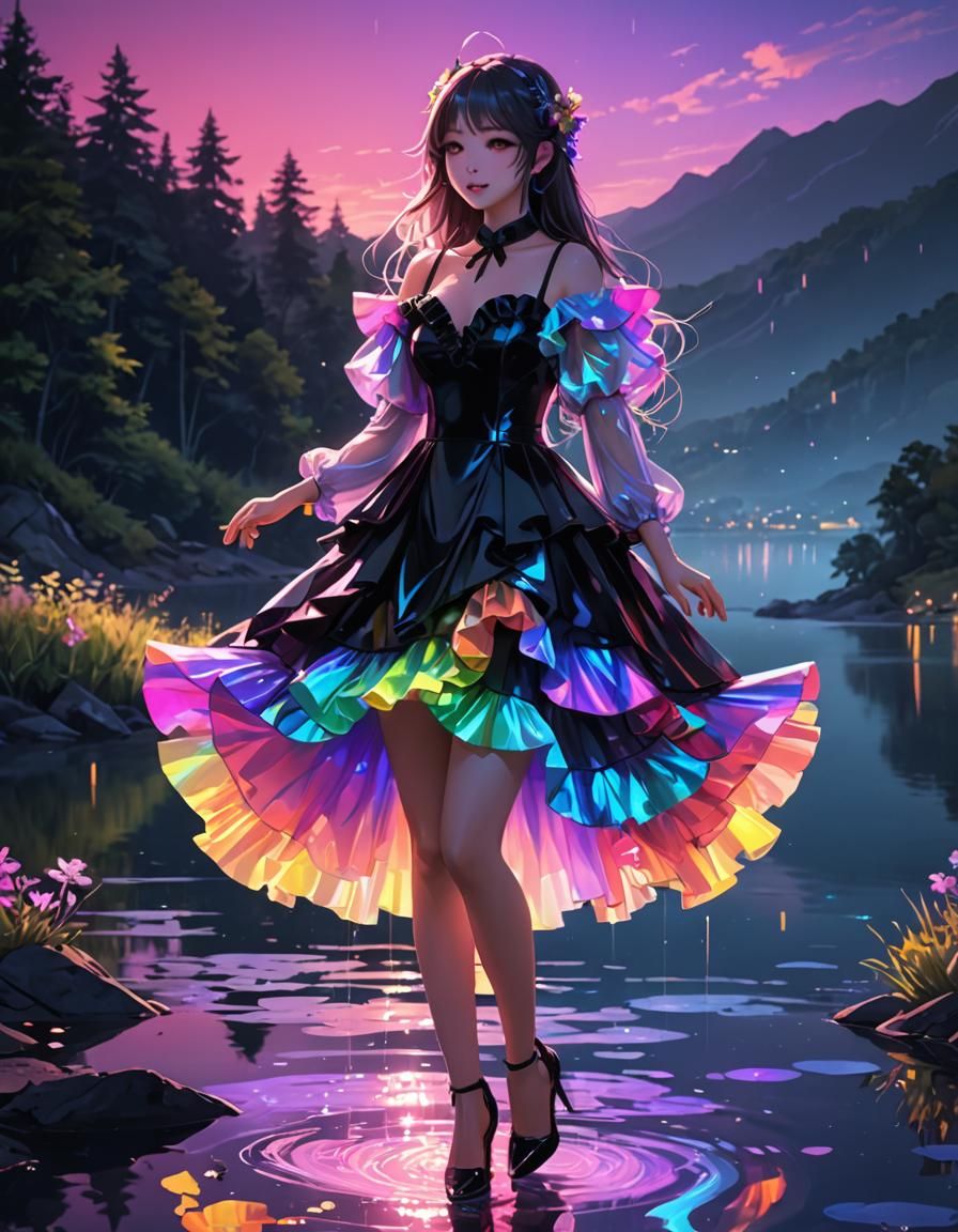 Holographic Rainbow Dancer by Lake in Anime Style