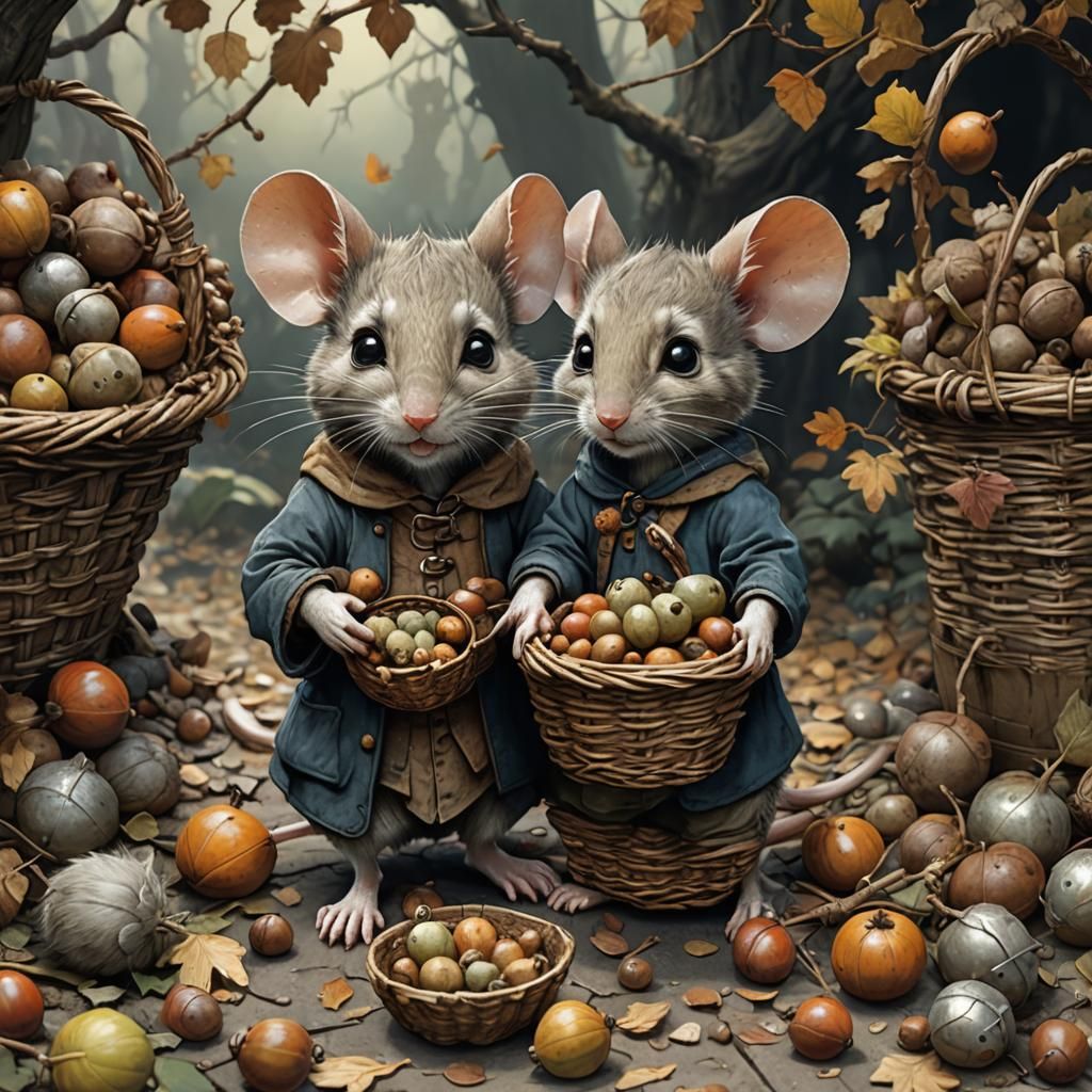 Mouse and Kitten Acorn Gathering: Storybook Illustration