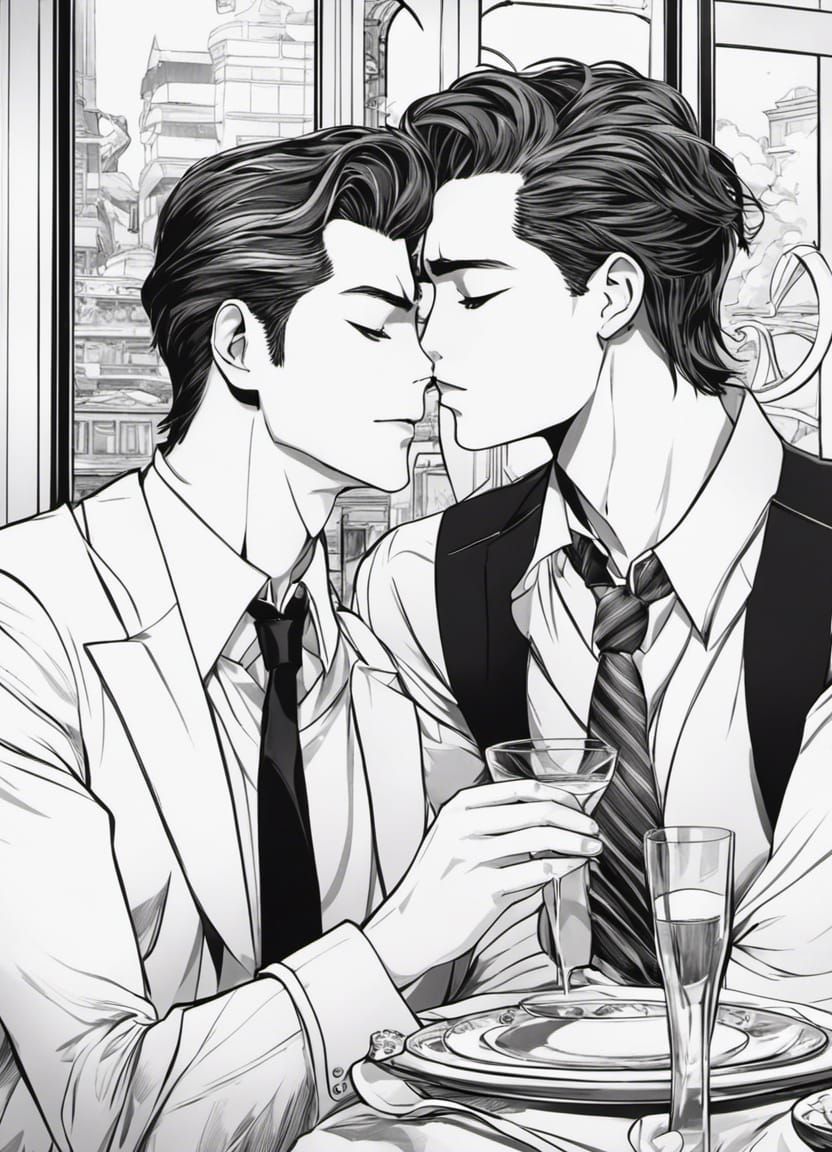 Art Deco Kiss: Black and White Anime Illustration