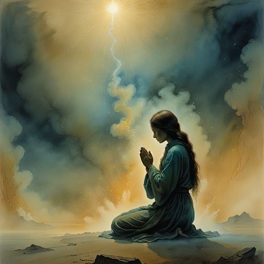 Ethereal Figure in Prayer: Spiritual Concept Art