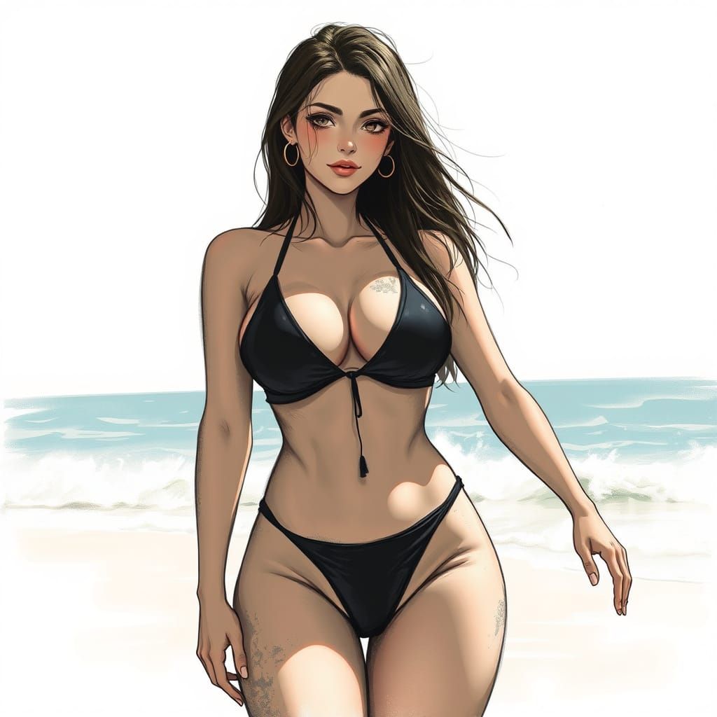 Curvy Anime Woman in Bikini: Charcoal Drawing