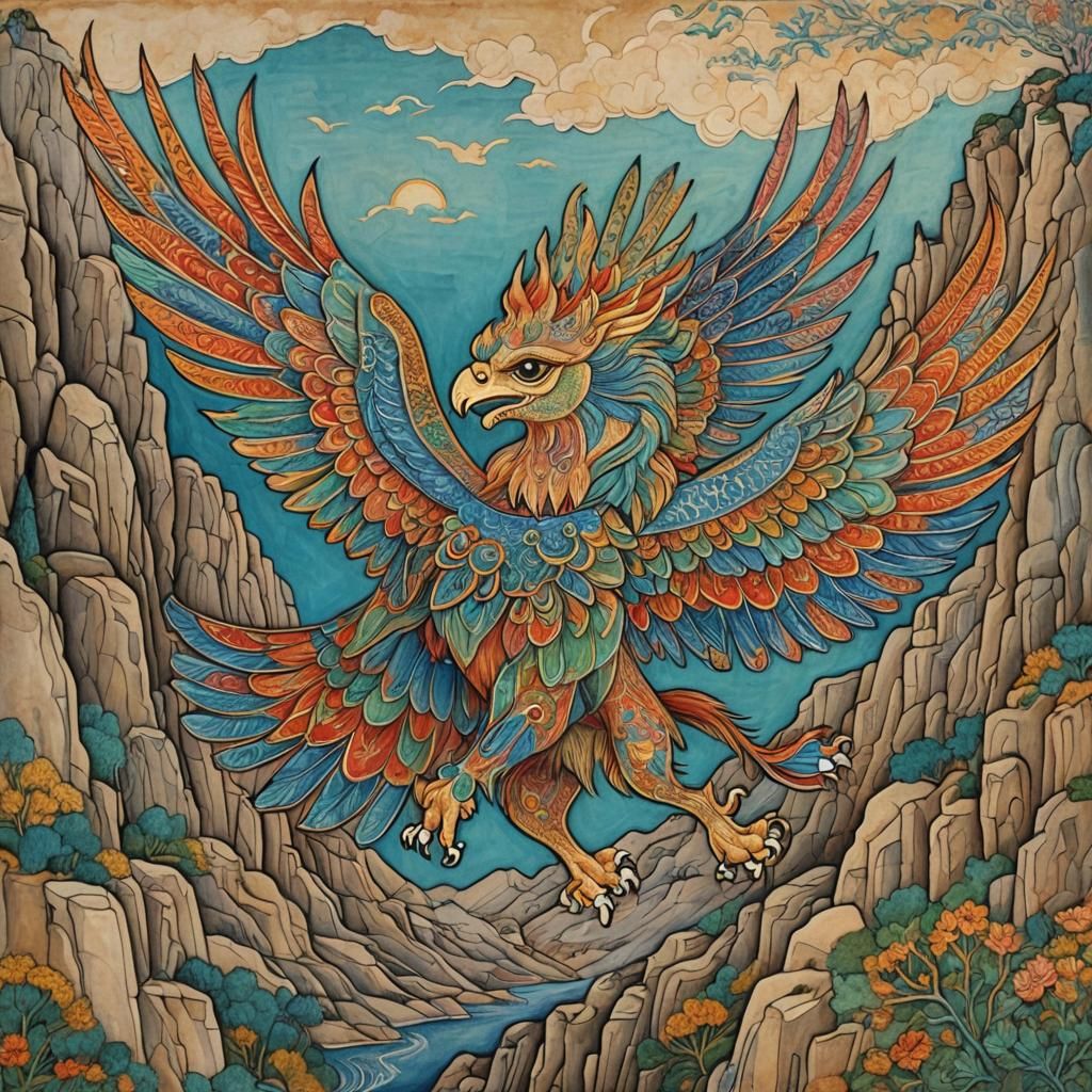 Griffin Flight: Persian Miniature Art Brut Style