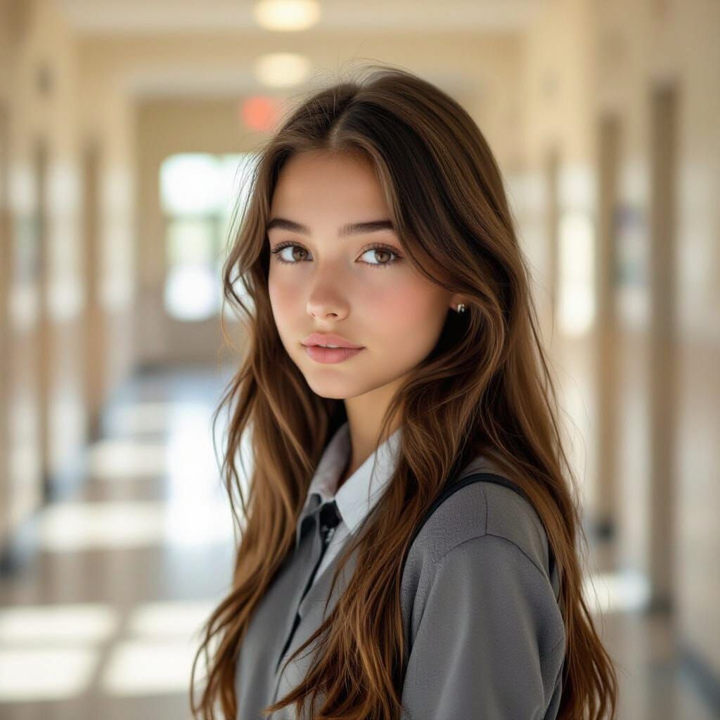 Realistic Schoolgirl Portrait With Long Brown Hair