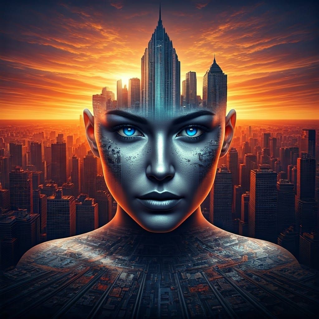 Futuristic Double Exposure Cityscape with Female Face