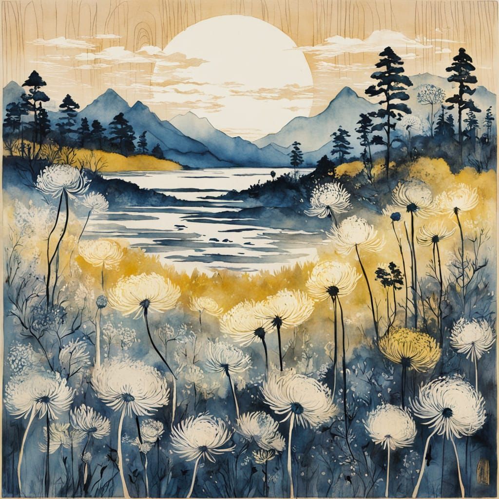 Swaying Dandelions in a Wood Block Print Style Landscape