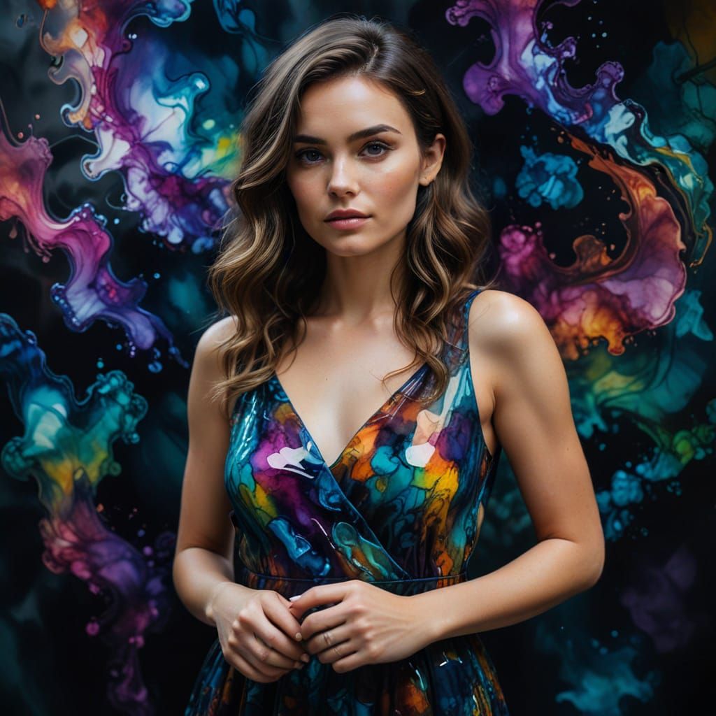 Colorful Alcohol Ink Portrait with Swirl Dress