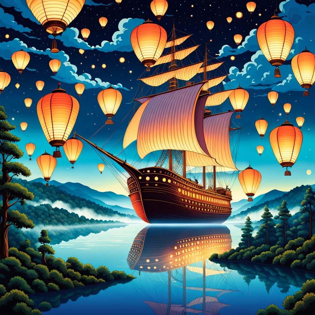 Whimsical Golden Age Airship Soars Under Full Moon