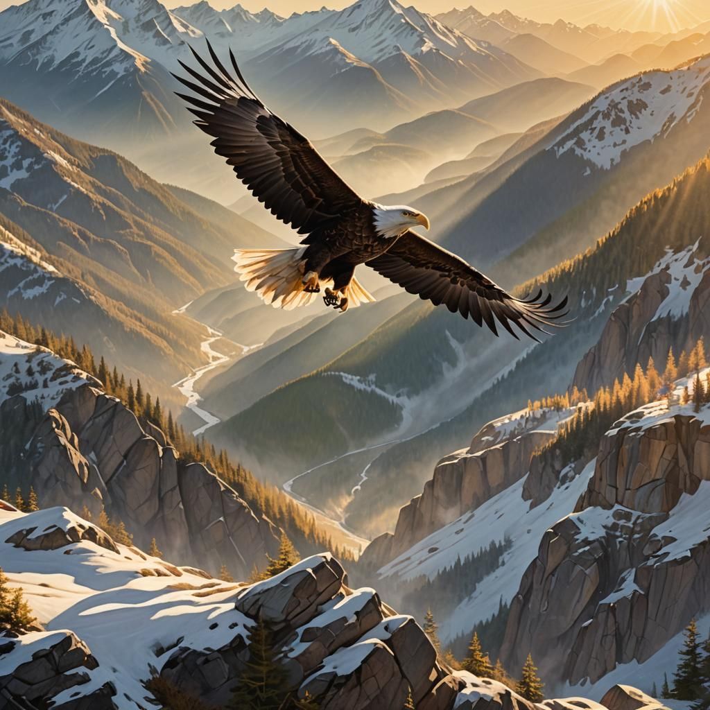 Eagle Soaring Over Mountains: Realistic Wildlife Illustratio...