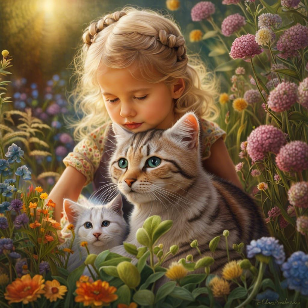 Toddler and Cat in Garden, Evocative Painting