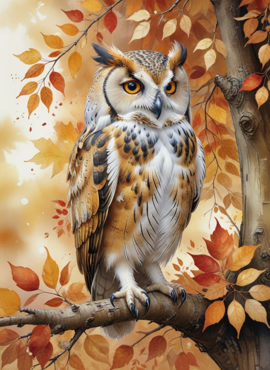 Detailed Owl on Autumn Branch in Realistic Oil Painting Styl...