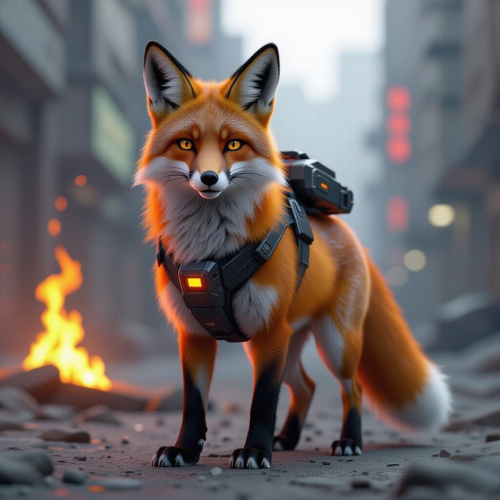 Futuristic Red and Yellow Fox in Fiery Sci-Fi Scene