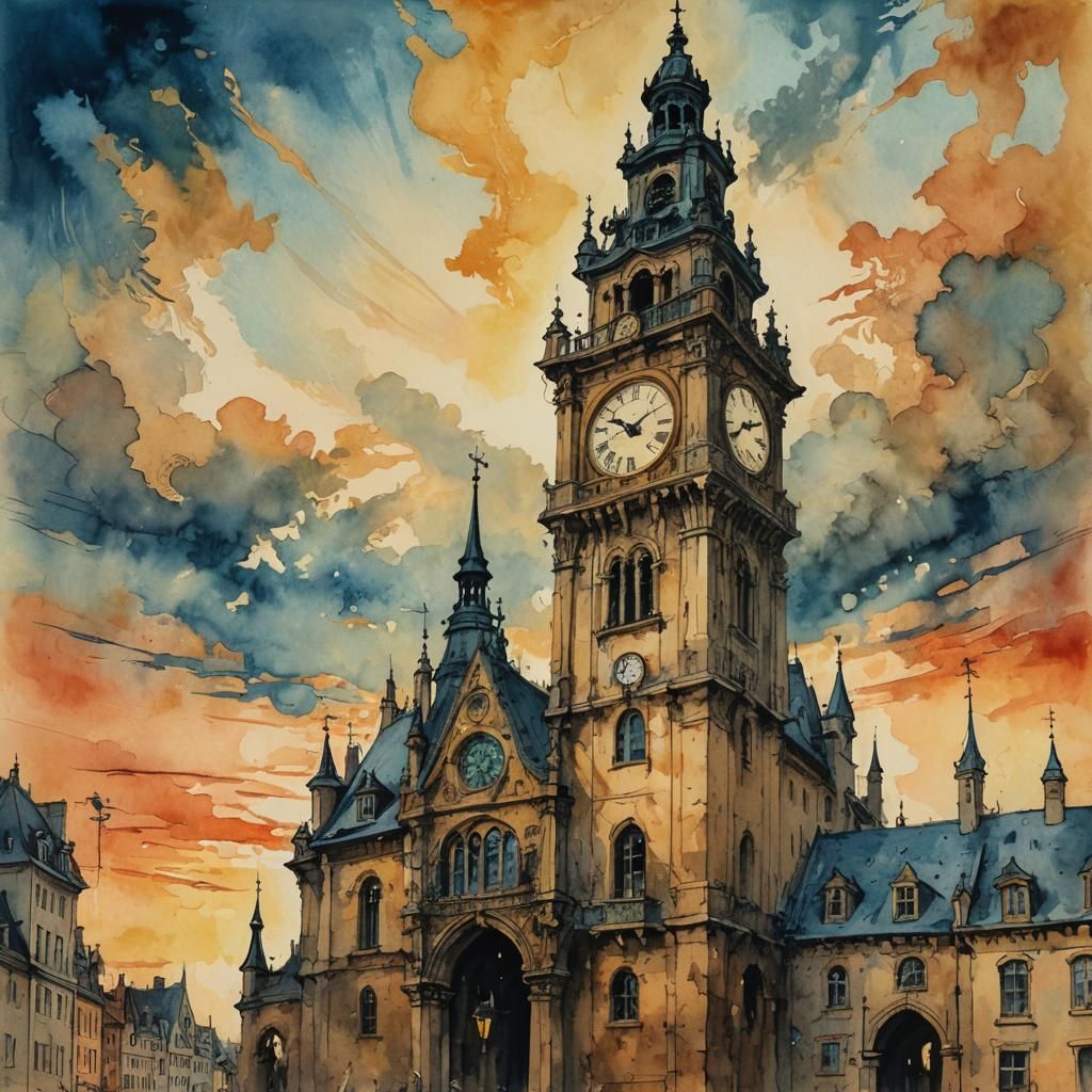 Fauvist Fairy at Clock Tower in Ink Painting