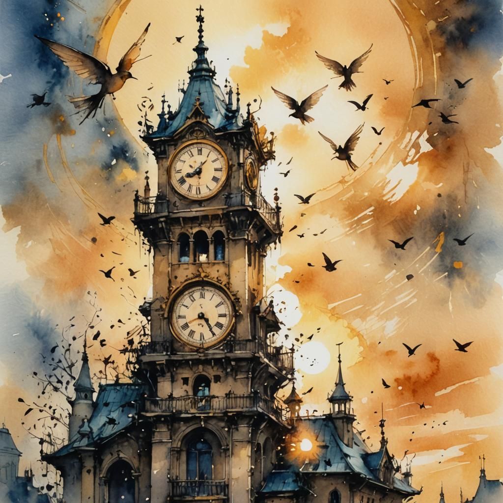 Fairy on Clock Tower in Ink Painting Style