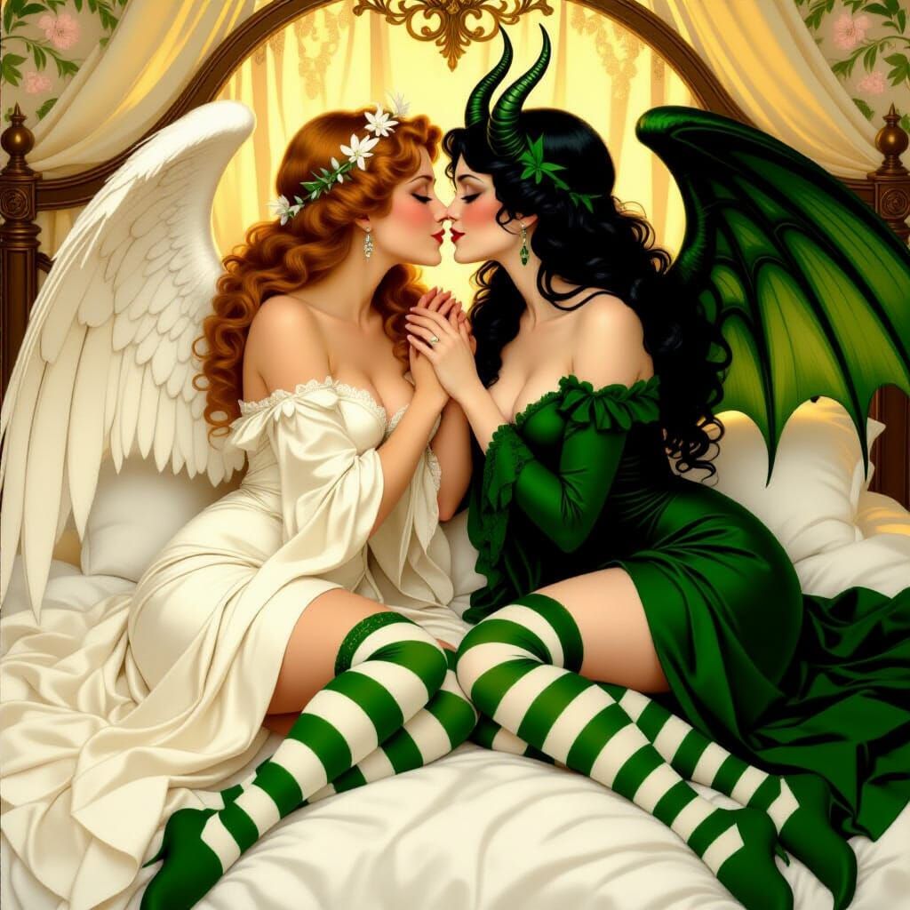 Angelic and Demonic Women Kissing in Art Nouveau Style